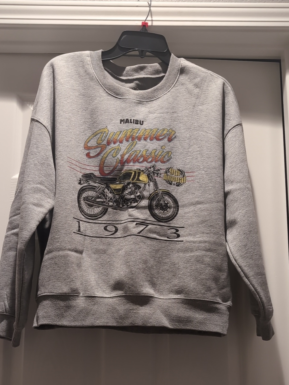 Grey 'Summer Classic' Crewneck Sweater with Motorcycle Graphic